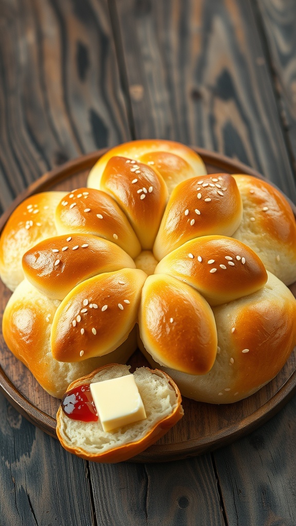 A golden-brown flower-shaped bread on a wooden table with butter and jam.
